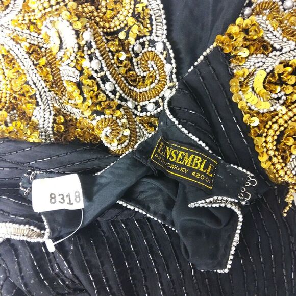 Vintage Ensemble SZ L Fully Beaded Sequin Black Gold Cocktail Formal Prom Dress - Picture 3 of 10